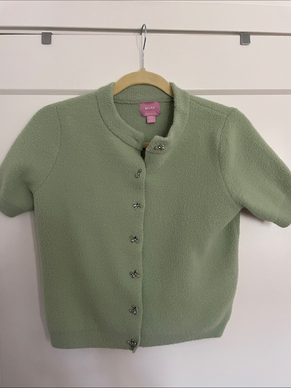 Muse Sage Green Short Sleeve Cardigan with Jewel Buttons